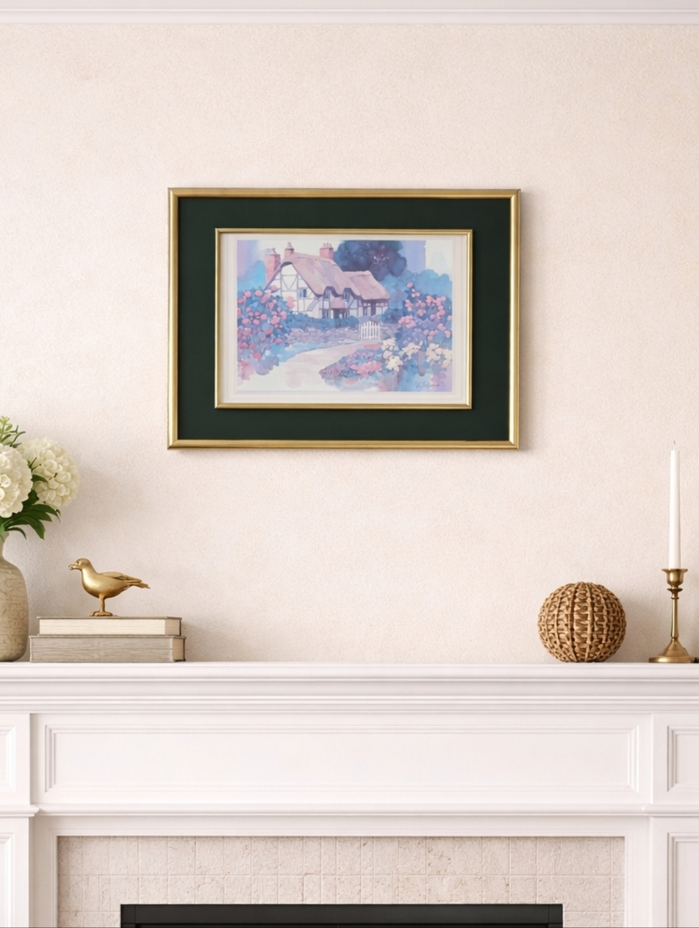 Cottage Garden Art Print in Beautiful Dark Green and Gold Frame